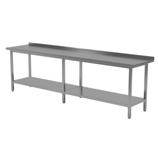 Stainless steel table with upstand and shelf