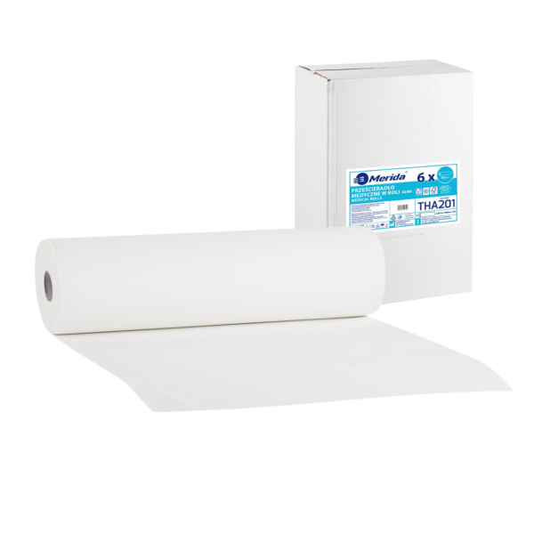Medicininis popierius ritinėliais, 60 cm x 80 m, 6 ritinėliai dėžutėje, 100 % celiuliozė, 2 sluoksnių (itin baltas), Merida