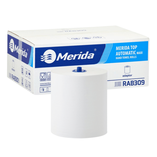 Popierinis rankšluostis ritinyje, skirtas MAXI automatinio pjaustymo dozatoriui, baltas, 2 sluoksnių, 19 cm skersmens, 100 % celiuliozės, 140 m (6 ritinėliai / dėžutė), MERIDA TOP AUTOMATIC MAXI