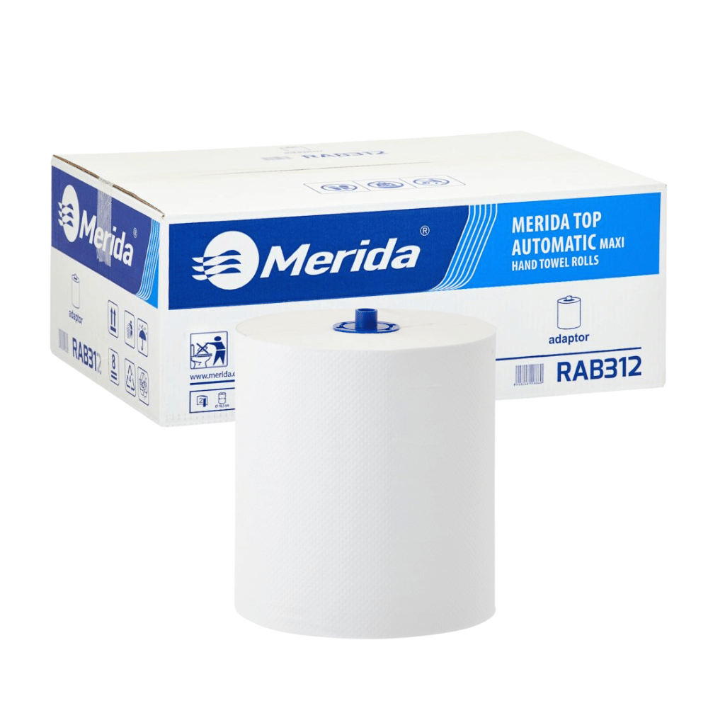 Popierinis rankšluostis ritinyje, skirtas MAXI automatinio pjaustymo dozatoriui, baltas, 2 sluoksnių, 100 % celiuliozės, 19,5 cm skersmens, 240 m (6 ritinėliai dėžutėje), MERIDA TOP AUTOMATIC MAXI