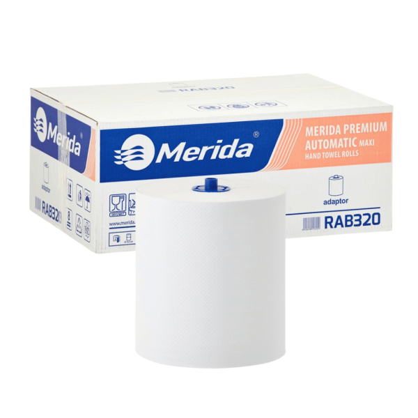 Popierinis rankšluostis MAXI automatinio pjaustymo dozatoriaus ritinyje, baltas, 2 sluoksnių, 18,5 cm skersmens, 100 m (6 ritiniai / dėžutė), MERIDA PREMIUM TAD AUTOMATIC MAXI
