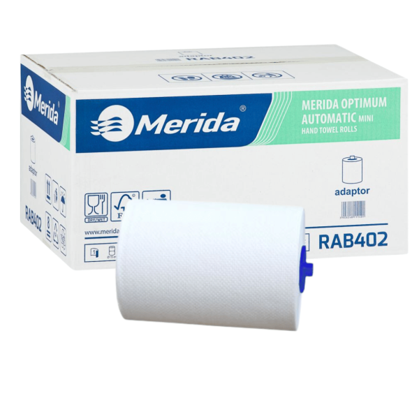 Popierinis rankšluostis ritinyje, skirtas mini automatinio pjaustymo dozatoriui, baltas, 1 sluoksnio, 100 % celiuliozės, 15 cm skersmens, 140 m (6 ritinėliai dėžutėje), MERIDA TOP AUTOMATIC MINI