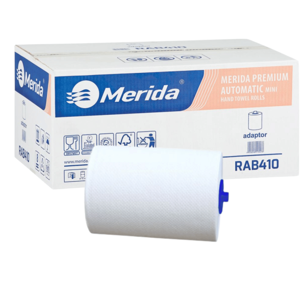 Popierinis rankšluostis ritinyje, skirtas mini automatinio pjaustymo dozatoriui, baltas, 3 sluoksnių, 100 % celiuliozės, 16 cm skersmens, 90 m (6 ritinėliai dėžutėje), MERIDA TOP AUTOMATIC MINI