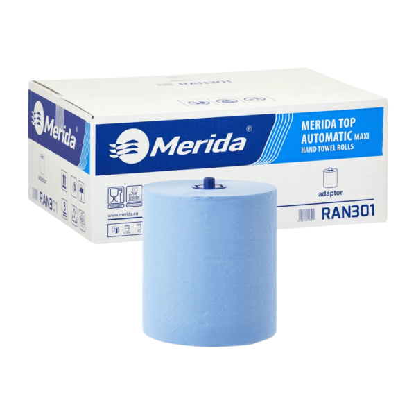 Popierinis rankšluostis ritinyje, skirtas MAXI automatinio pjaustymo dozatoriui, mėlynas, 2 sluoksnių, 19 cm skersmens, 140 m (6 ritinėliai dėžutėje), MERIDA TOP AUTOMATIC MAXI