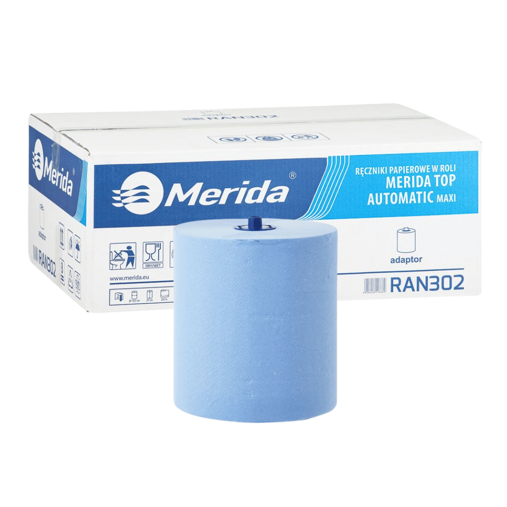 Popierinis rankšluostis su adapteriu, mėlynos spalvos, 19,5 cm skersmens, 240 m ilgio, 2 sluoksnių, 6 ritinių dėžutė, MERIDA TOP AUTOMATIC MAXI