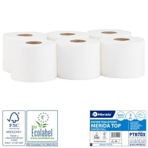 Baltas tualetinis popierius, 2 sluoksnių, Merida Top Center Pull