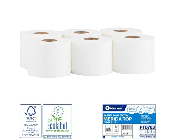 Baltas tualetinis popierius, 2 sluoksnių, Merida Top Center Pull