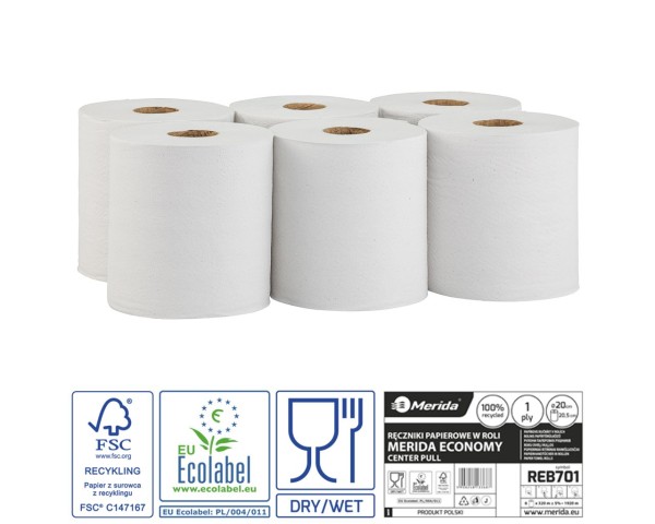 Popierinis rankšluostis ritinyje, baltas, 1 sluoksnio, perdirbtas popierius, 20 cm skersmens, 320 m (6 ritiniai / pakuotė), MERIDA ECONOMY CENTER PULL MAXI