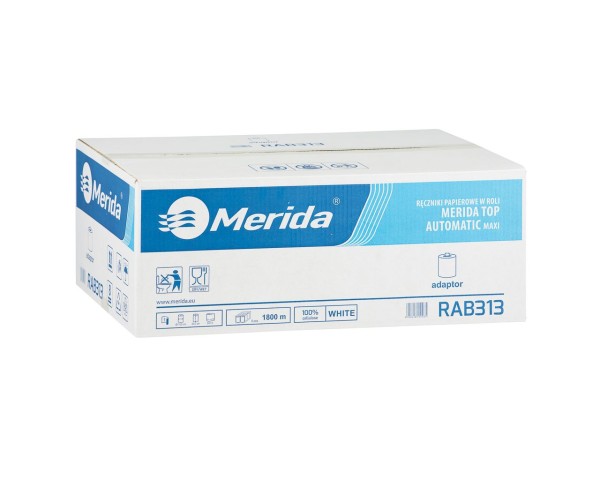 Popierinio rankšluosčio ritinėlis su adapteriu, baltos spalvos, 19 cm skersmens, 300 m ilgio, vienasluoksnis, 6 ritinėlių dėžutė, MERIDA TOP AUTOMATIC MAXI