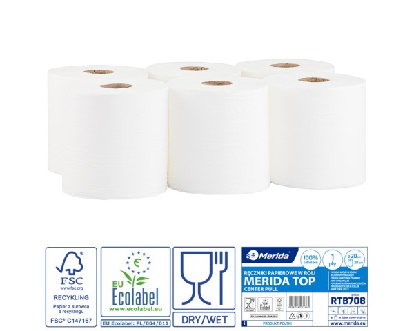 Popierinis rankšluostis ritinyje, baltas, 1 sluoksnio, 100 % celiuliozės, 20 cm skersmens, 320 m, MERIDA TOP CENTER PULL MAXI