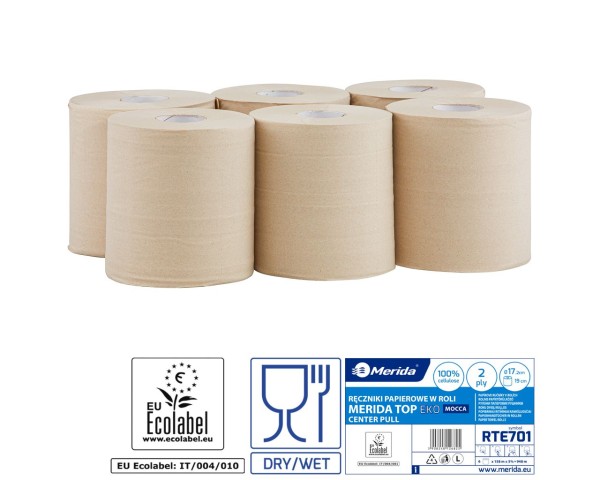 Popierinis rankšluostis ritinyje, smėlio spalvos, 2 sluoksnių, 17,2 cm skersmens, 158 m, (6 vnt. / pakuotė), MERIDA TOP EKO CENTER PULL MAXI