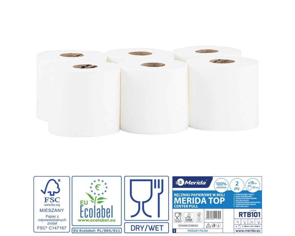 Popierinis rankšluostis ritinyje, baltas, 2 sluoksnių, 100 % celiuliozės, 19 cm skersmens, 158 m, MERIDA TOP MAXI
