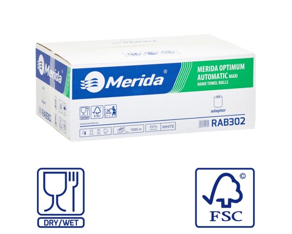 Popierinis rankšluostis ritinyje, skirtas MAXI automatinio pjaustymo dozatoriui, baltas, 1 sluoksnio, 100 % celiuliozės, 19 cm skersmens, 250 m (6 ritinėliai dėžutėje), MERIDA OPTIMUM AUTOMATIC MAXI