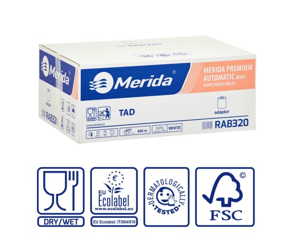 Popierinis rankšluostis MAXI automatinio pjaustymo dozatoriaus ritinyje, baltas, 2 sluoksnių, 18,5 cm skersmens, 100 m (6 ritiniai / dėžutė), MERIDA PREMIUM TAD AUTOMATIC MAXI