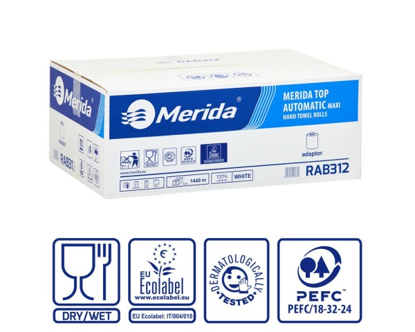 Popierinis rankšluostis ritinyje, skirtas MAXI automatinio pjaustymo dozatoriui, baltas, 2 sluoksnių, 100 % celiuliozės, 19,5 cm skersmens, 240 m (6 ritinėliai dėžutėje), MERIDA TOP AUTOMATIC MAXI