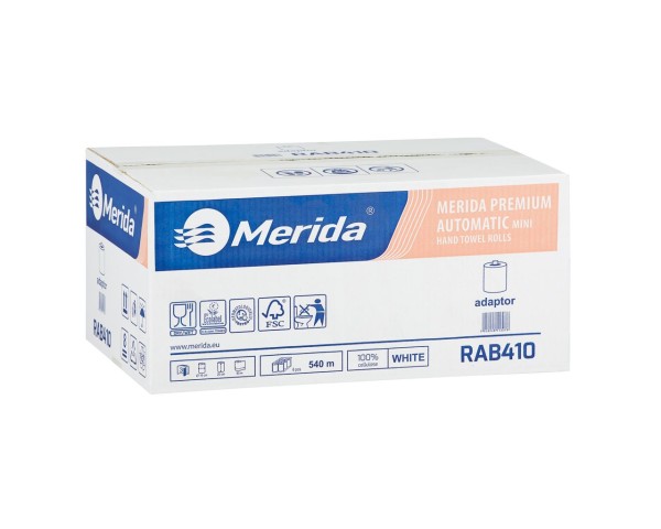 Popierinis rankšluostis ritinyje, skirtas mini automatinio pjaustymo dozatoriui, baltas, 3 sluoksnių, 100 % celiuliozės, 16 cm skersmens, 90 m (6 ritinėliai dėžutėje), MERIDA TOP AUTOMATIC MINI