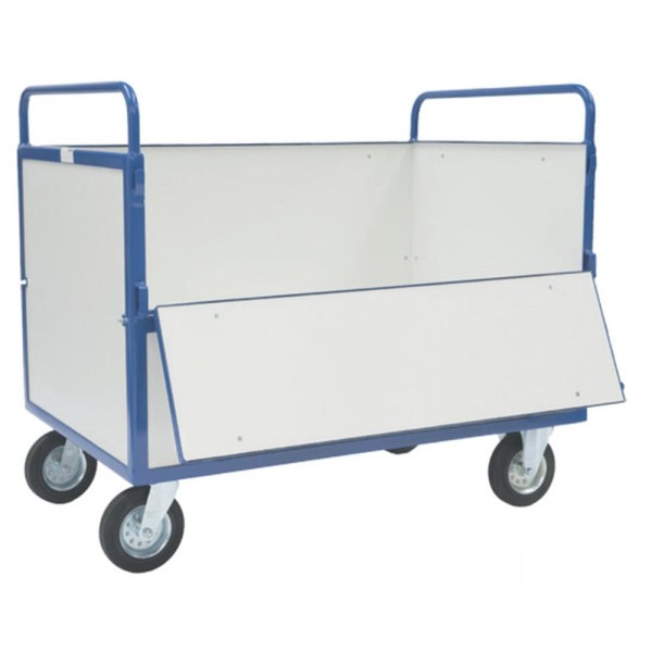 Platforminis vežimėlis su atverčiamu šoniniu bortu, bortai su plokšte, 1250×800×1100 mm, 400 kg, PROMAG