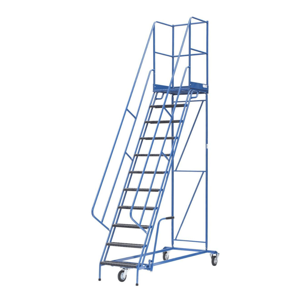 Mobilios sandėlio kopėčios, 3 ratai, stabdžių svirtis, platformos aukštis 3250 mm, 13 pakopų, DPM, PROMAG