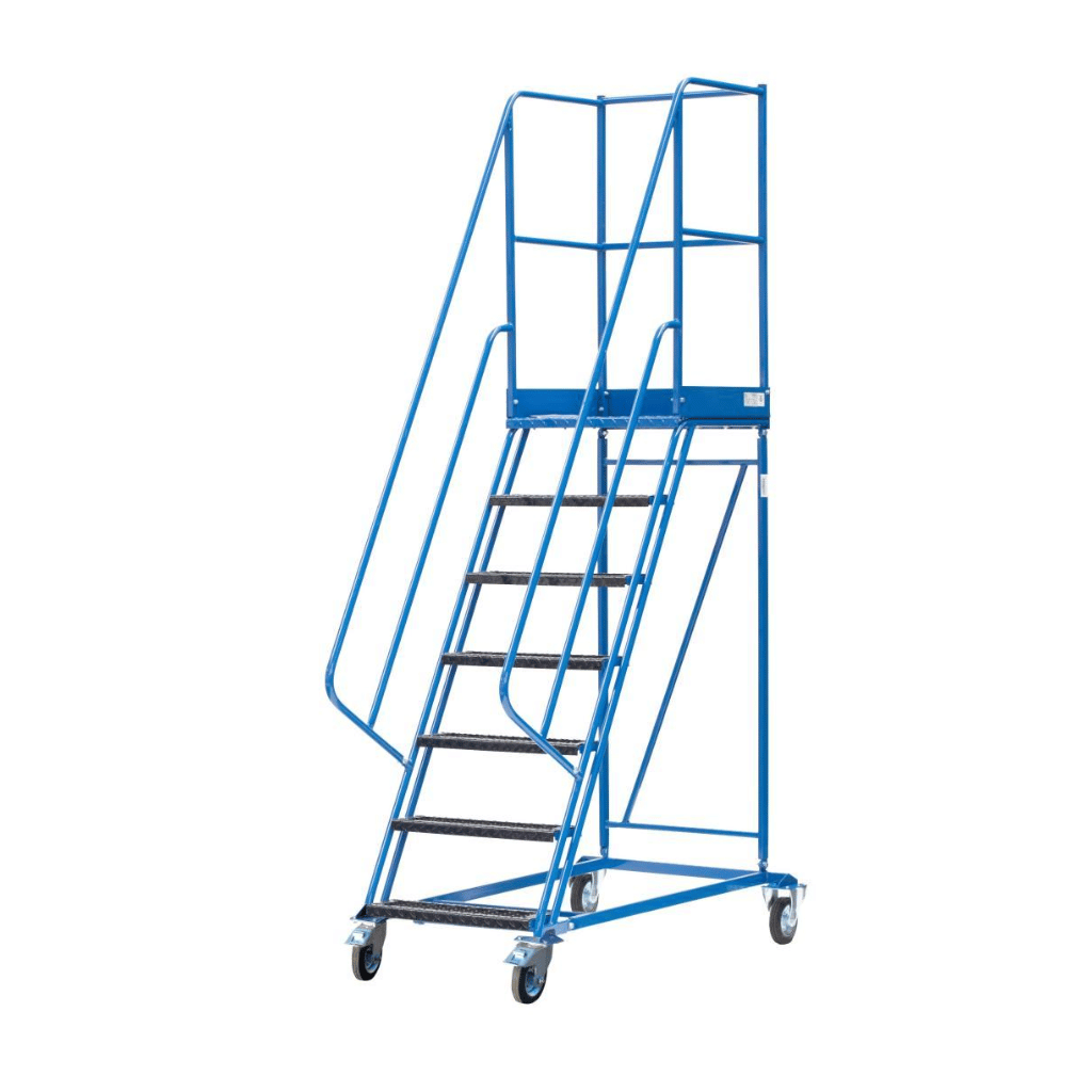Mobilios sandėlio kopėčios su stabdžiu, 4 ratai, platformos aukštis 1750 mm, 7 pakopos, DMPH, PROMAG