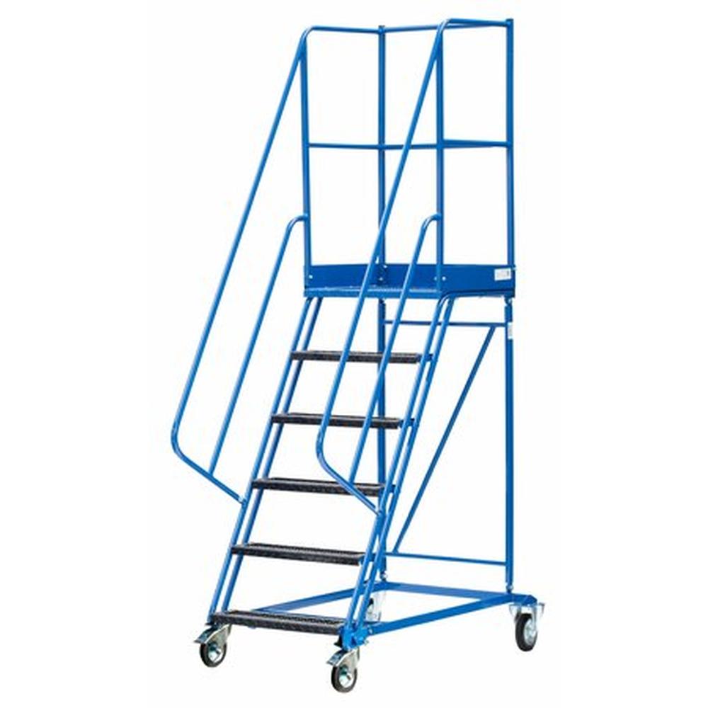 Mobilios sandėlio kopėčios su stabdžiu, 4 ratai, platformos aukštis 1500 mm, 6 pakopos, DMPH, PROMAG