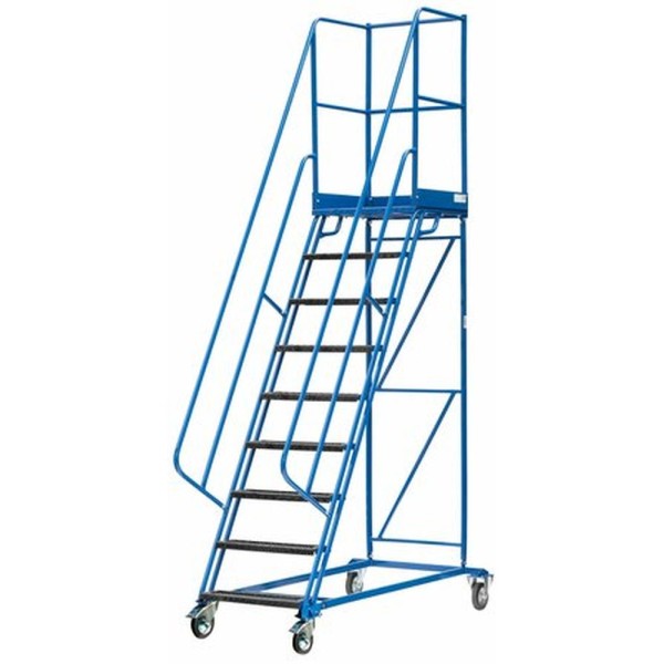 Mobilios sandėlio kopėčios su stabdžiu, 4 ratai, platformos aukštis 2250 mm, 9 pakopos, DMPH, PROMAG