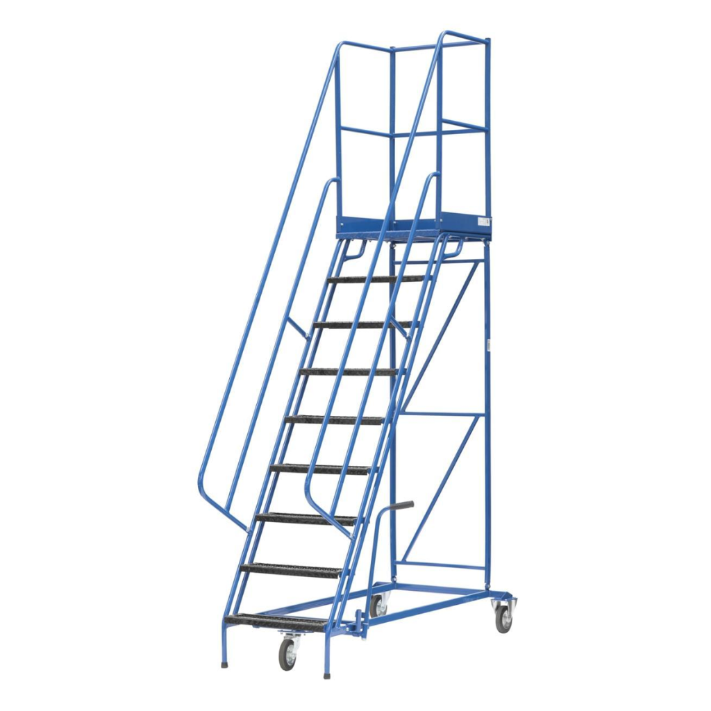 Mobilios sandėlio kopėčios, 3 ratai, stabdžių svirtis, platformos aukštis 2250 mm, 9 pakopos, DPM, PROMAG