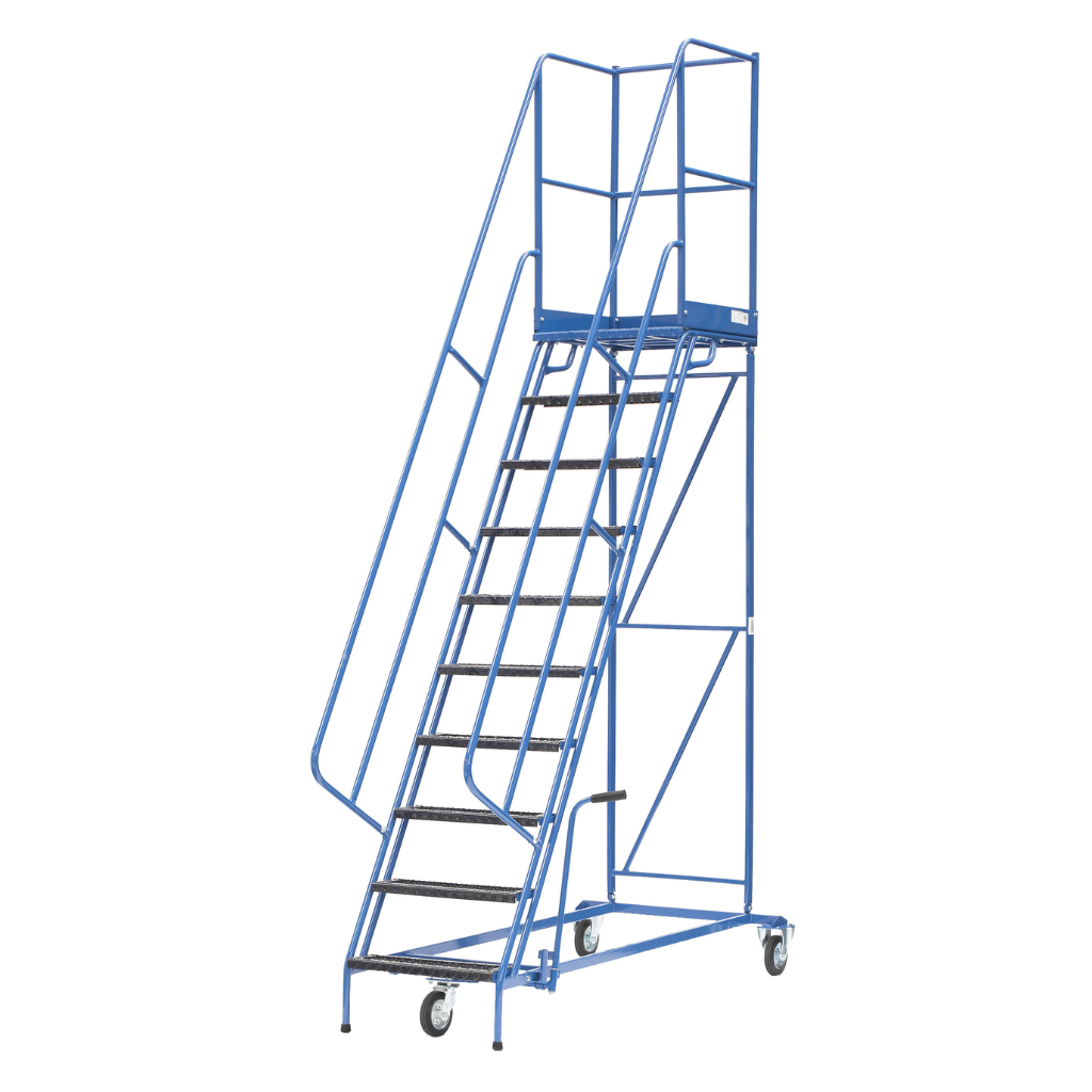Mobilios sandėlio kopėčios, 3 ratai, stabdžių svirtis, platformos aukštis 2500 mm, 10 pakopų, DPM, PROMAG