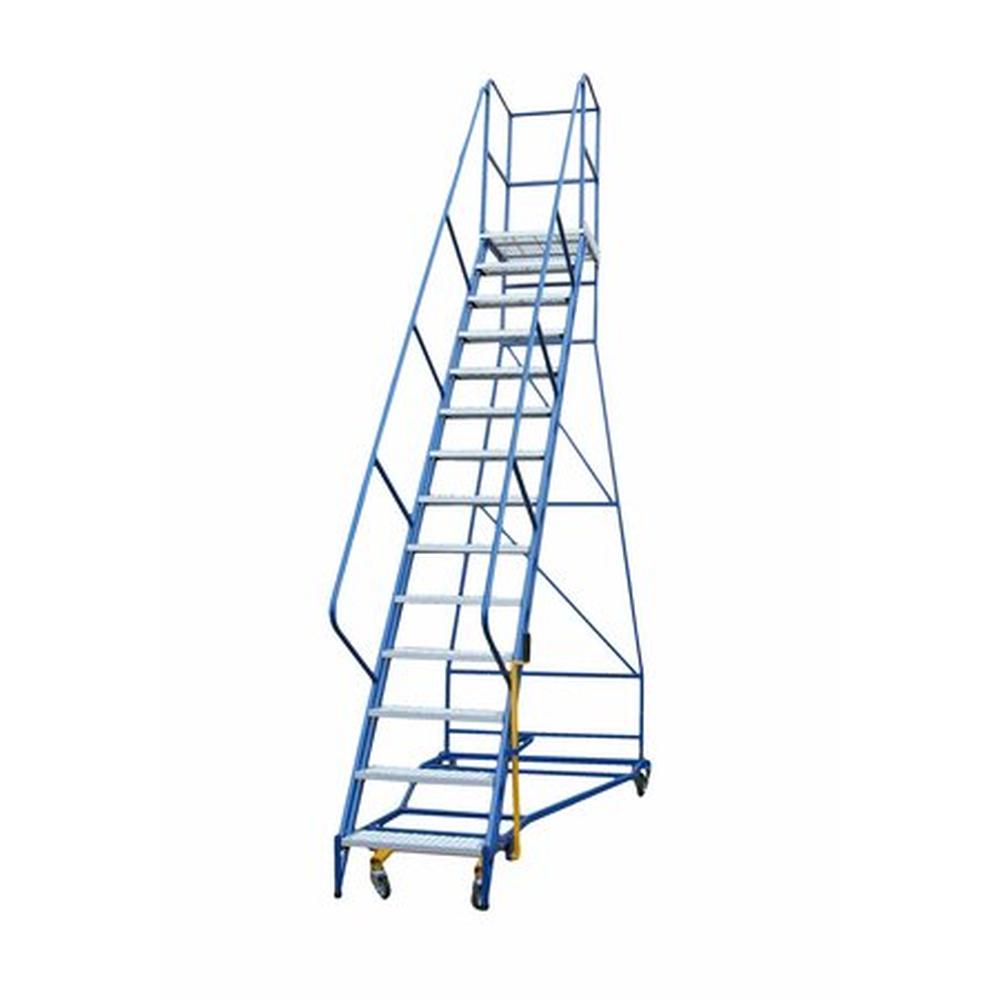 Mobilios sandėlio kopėčios, 4 ratai, stabdžių svirtis, platformos aukštis 3500 mm, 14 pakopų, DP, PROMAG