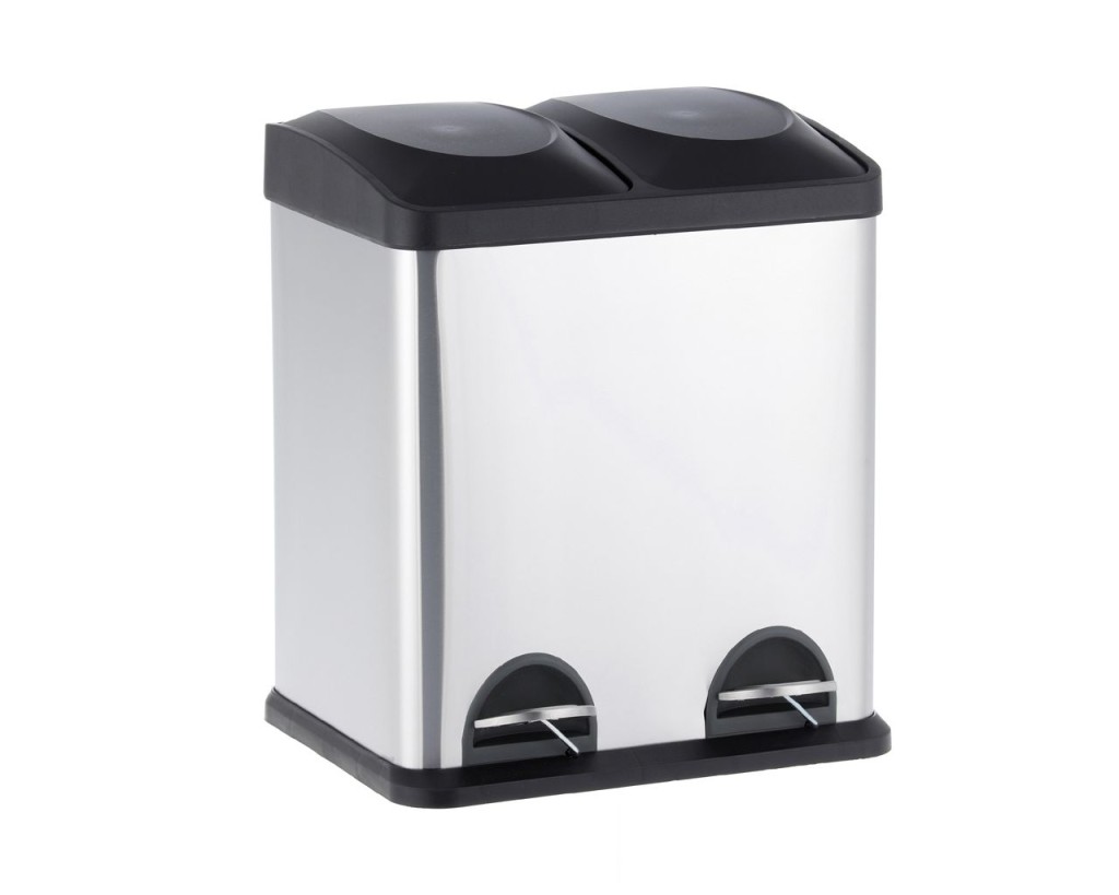 Šiukšliadėžė su pedalu, 2 skyriai, plastikiniai ištraukiami kibirais, 2 x 15 l, matinis plienas, Merida