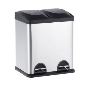 Šiukšliadėžė su pedalu, 2 skyriai, plastikiniai ištraukiami kibirais, 2 x 15 l, matinis plienas, Merida