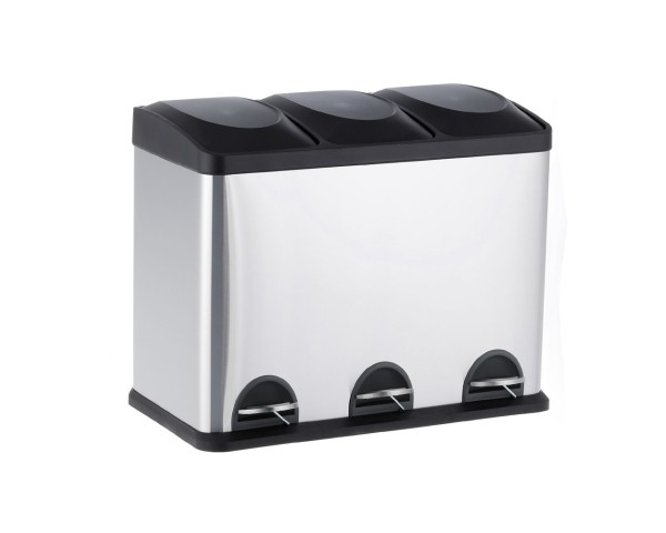 Šiukšliadėžė su pedalu, 3 skyriai, plastikiniai ištraukiami kibirai,, 3 x 15 l, matinis plienas, Merida
