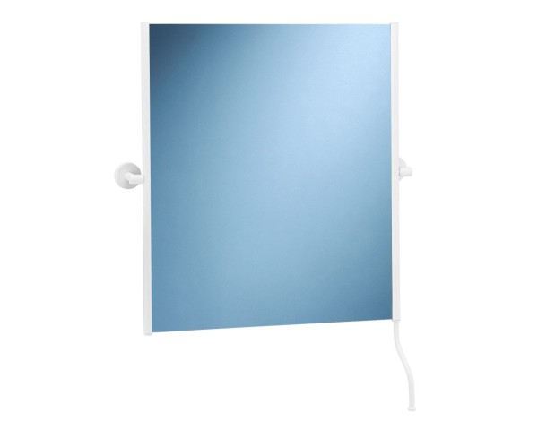 Rotating mirror with a matte white frame and handle