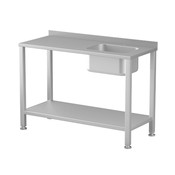 Stainless steel table with sink on the right and shelf