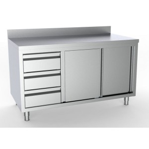 Stainless steel cabinet, sliding doors, backsplash, drawer unit on the left, 2000x700x850 mm, 7333.0270, Combisteel