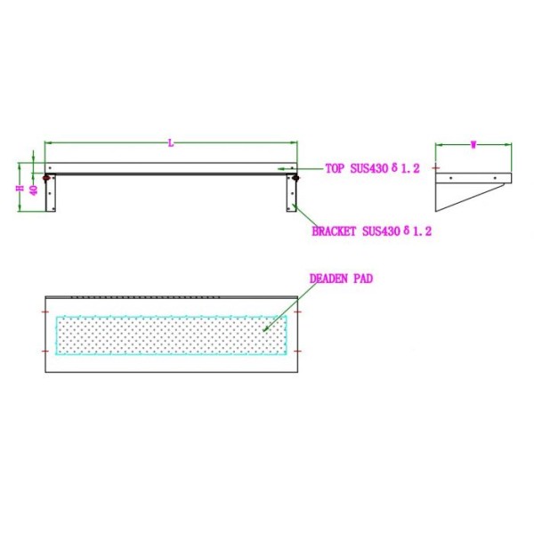 Wall-mounted stainless steel shelf with brackets